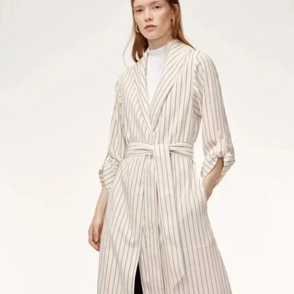 Babaton Aritzia Kahlo Robe Jacket Cream Black Stripe Belted Roll Tab - Picture 1 of 7